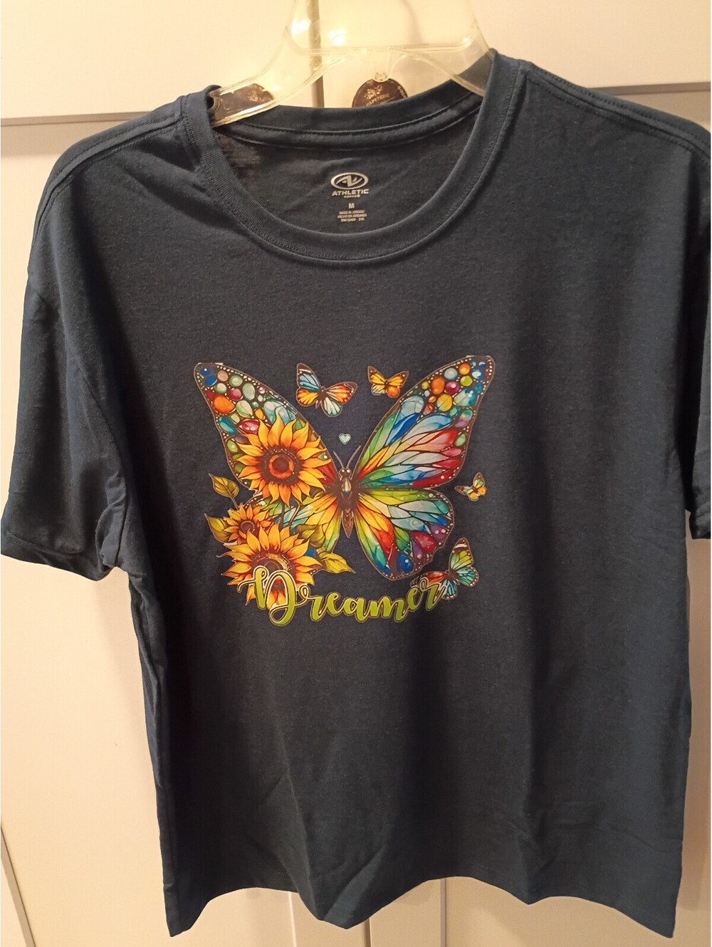 Athletic Works Medium Navy Blue T-Shirt with Colorful Butterfly and Sunflower 'D